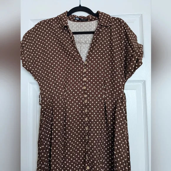 Zara Brown White Button Down Linen Blend Polka Dot Dress Size L Missing Belt - Picture 3 of 11
